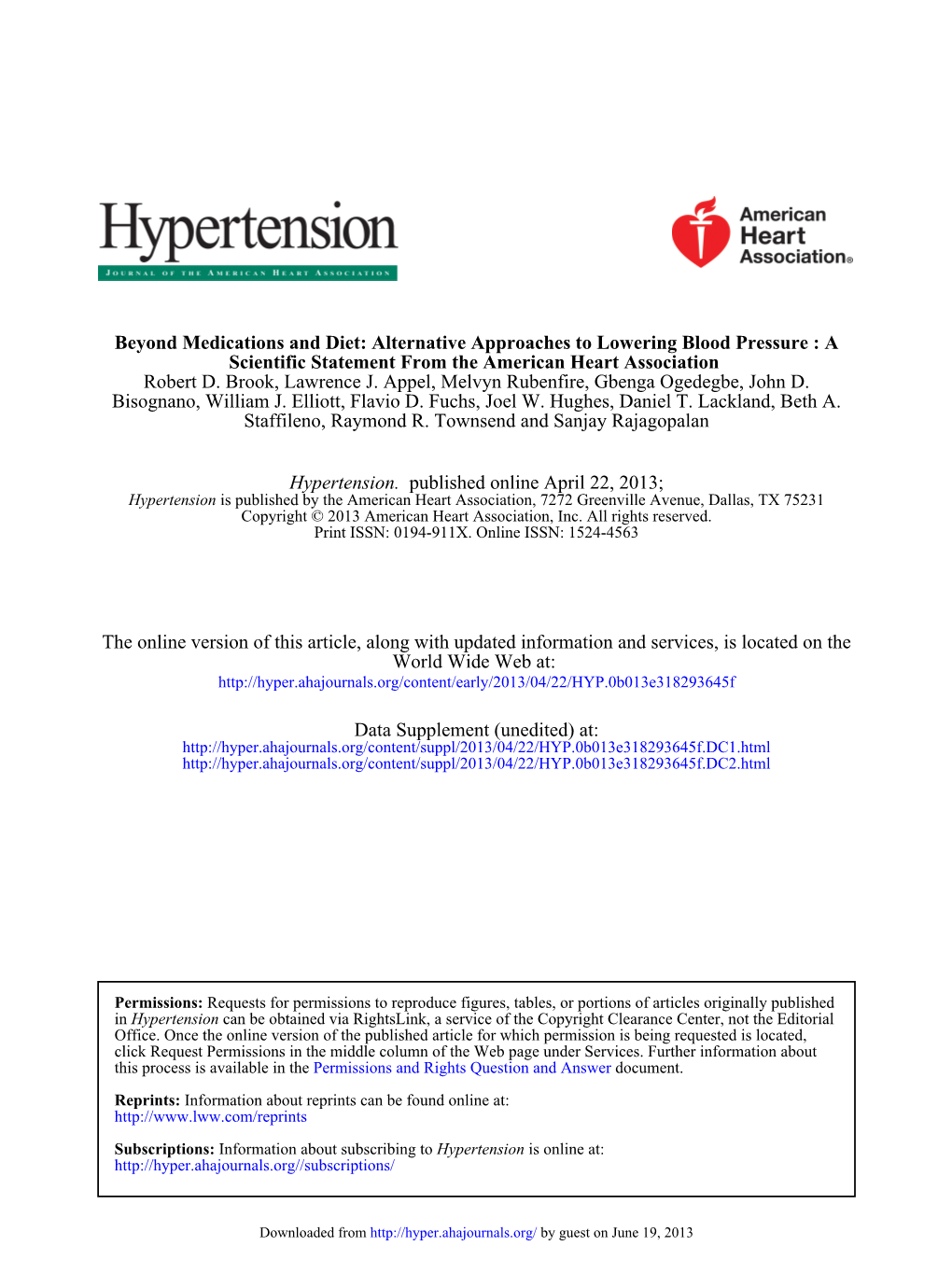 AHA Statement on Hypertension 2013