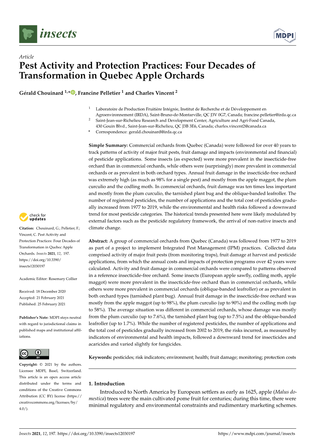 Pest Activity and Protection Practices: Four Decades of Transformation in Quebec Apple Orchards