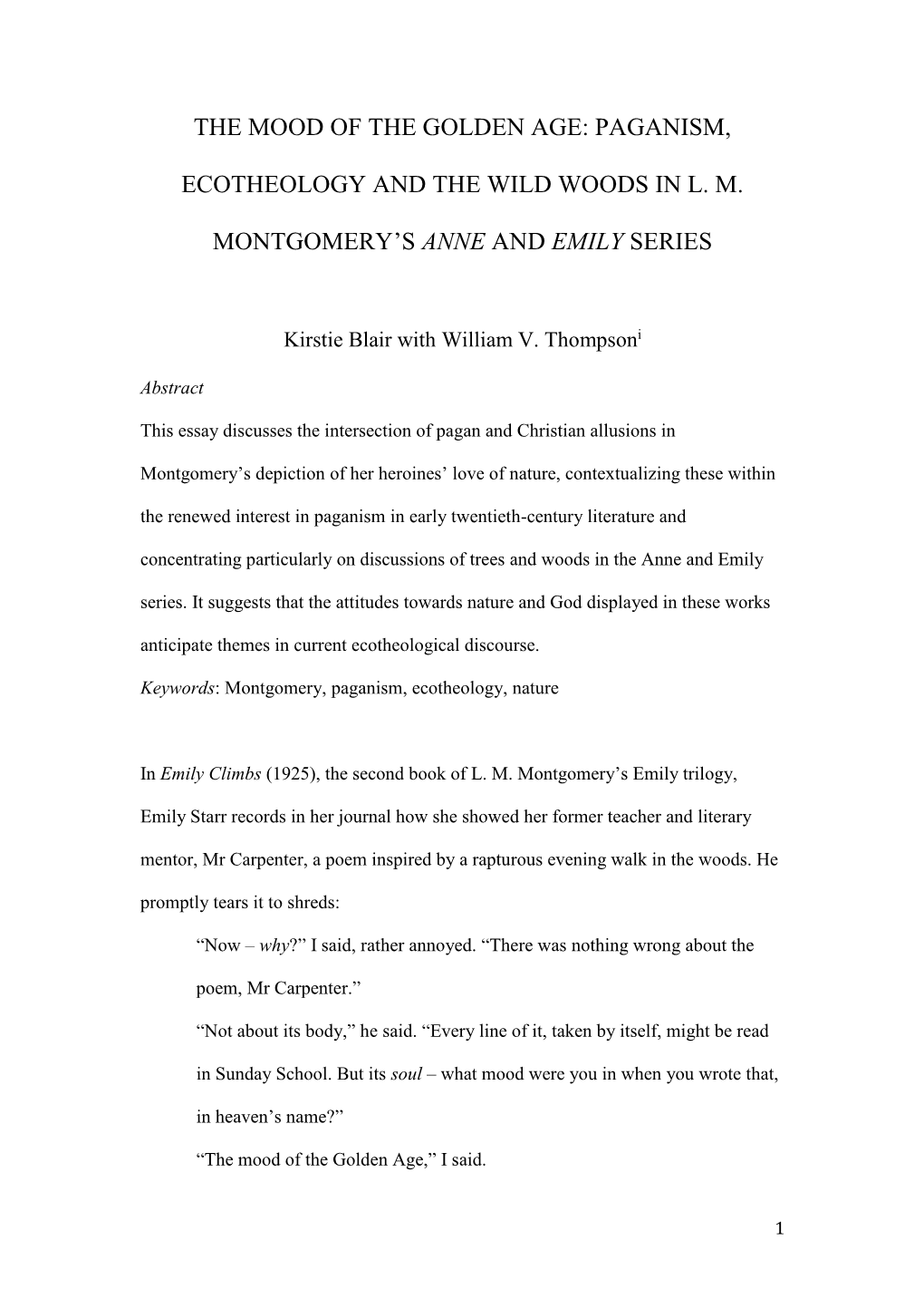 Paganism, Ecotheology and the Wild Woods in Lm Montgomery's Anne and Emily Series