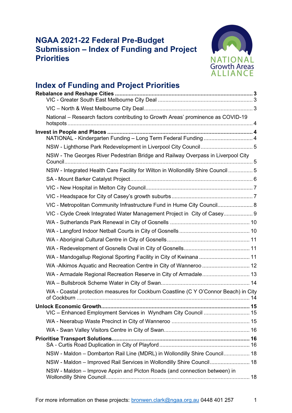 NGAA 2021-22 Federal Pre-Budget Submission – Index of Funding and Project Priorities