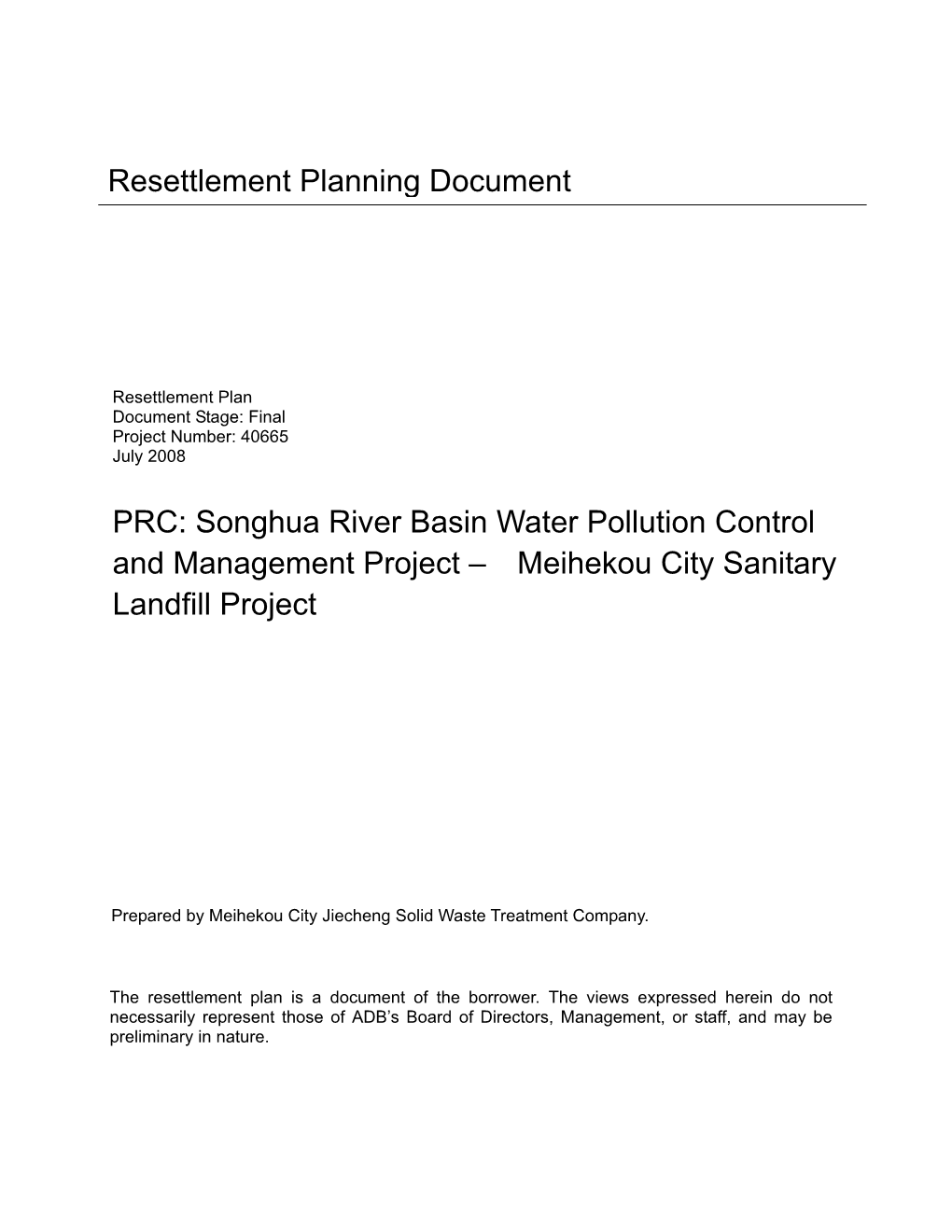 PRC: Songhua River Basin Water Pollution Control and Management Project – Meihekou City Sanitary Landfill Project