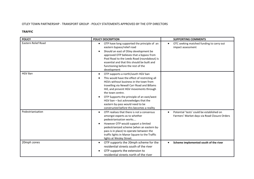 Otley Town Partnership - Transport Group - Policy Statements Approved by the Otp Directors