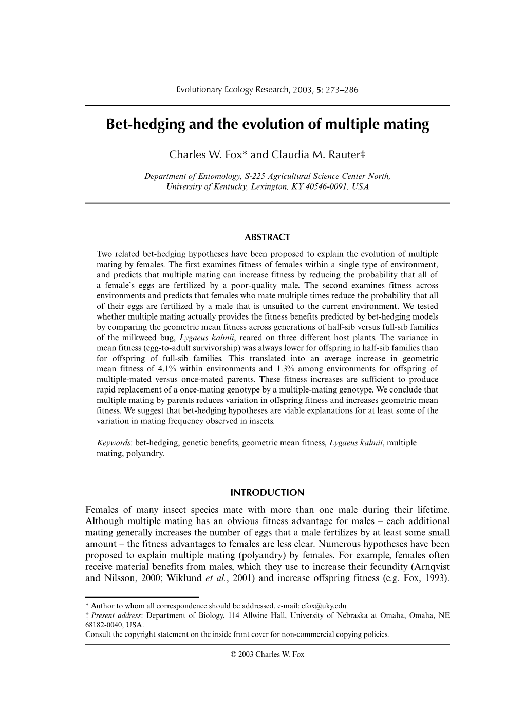 Bet-Hedging and the Evolution of Multiple Mating