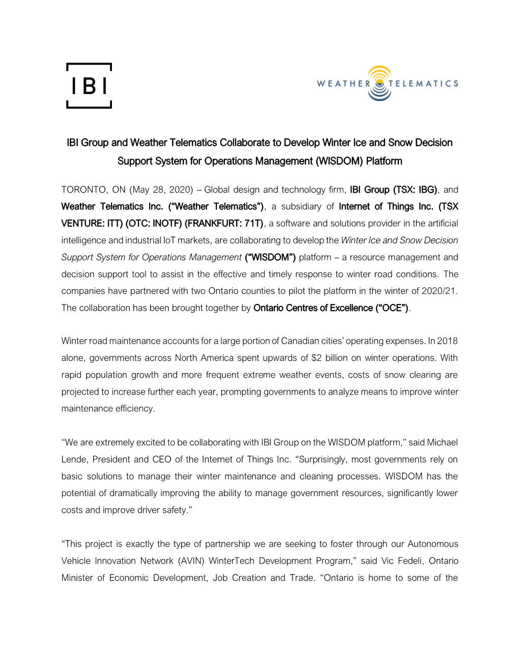 IBI Group and Weather Telematics Collaborate to Develop Winter Ice and Snow Decision Support System for Operations Management (WISDOM) Platform