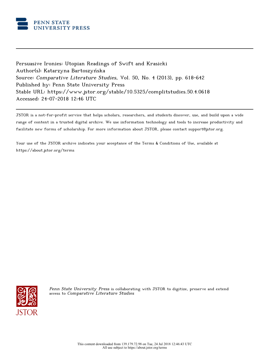 Persuasive Ironies: Utopian Readings of Swift and Krasicki Author(S): Katarzyna Bartoszyńska Source: Comparative Literature Studies, Vol