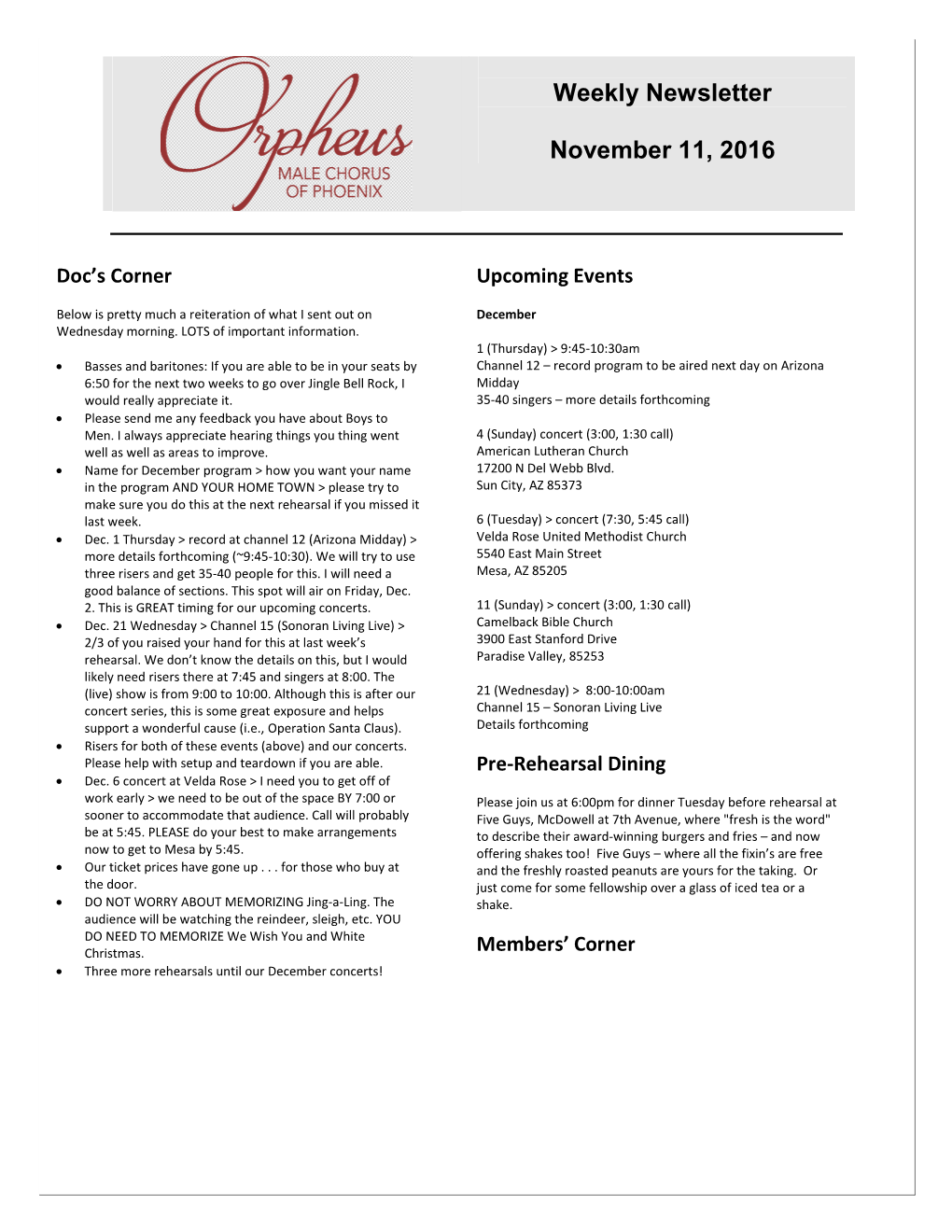 Weekly Newsletter November 11, 2016