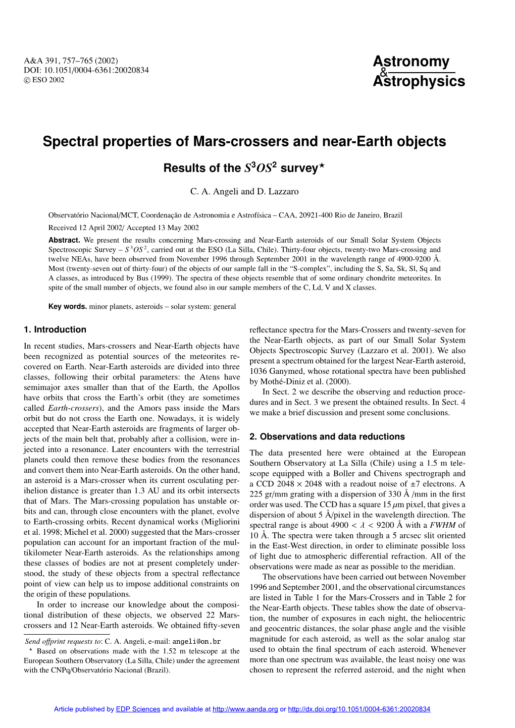 Spectral Properties of Mars-Crossers and Near-Earth Objects