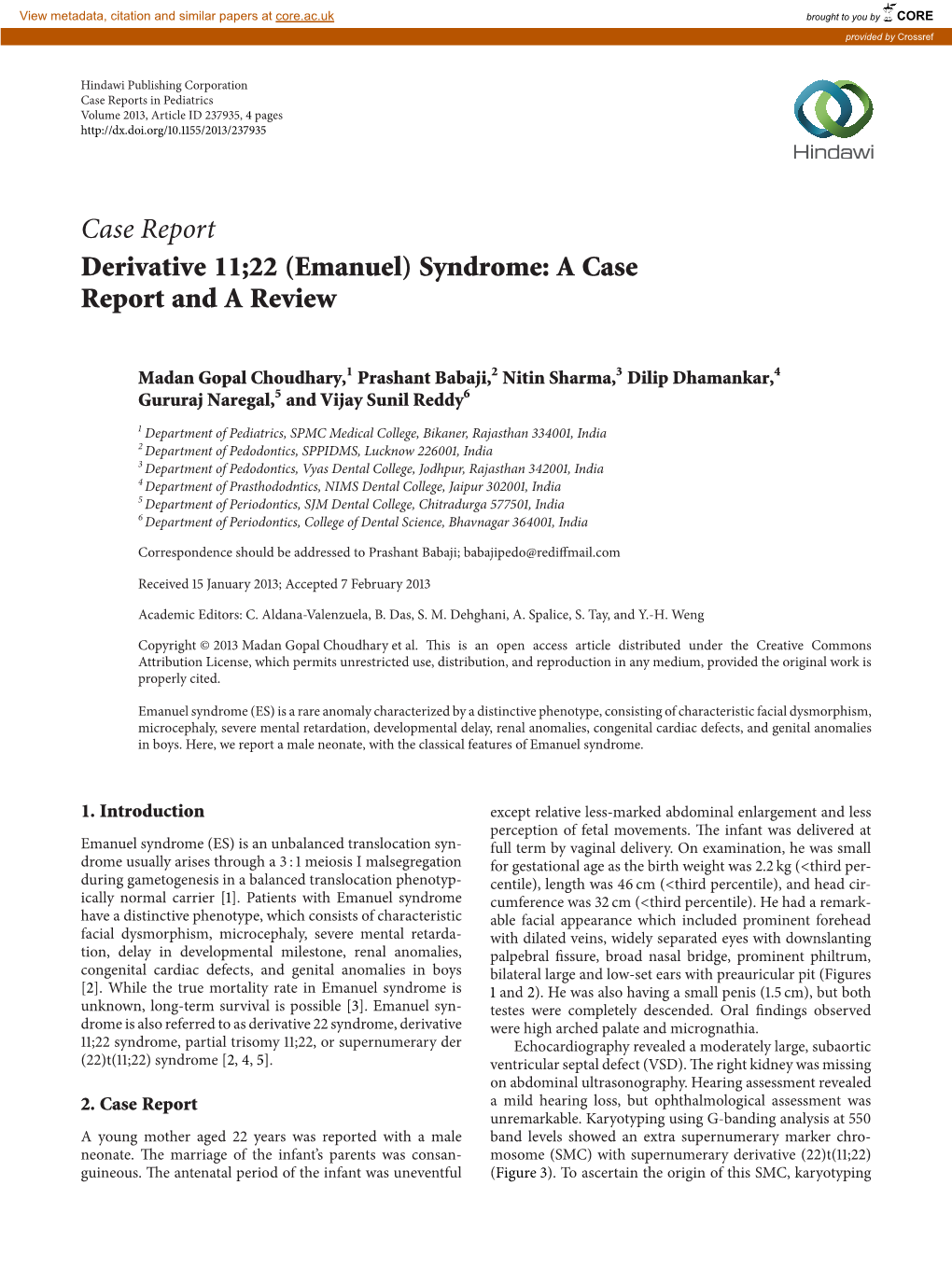 (Emanuel) Syndrome: a Case Report and a Review