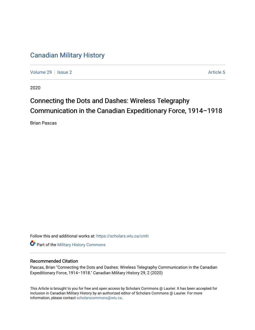 Wireless Telegraphy Communication in the Canadian Expeditionary Force, 1914–1918