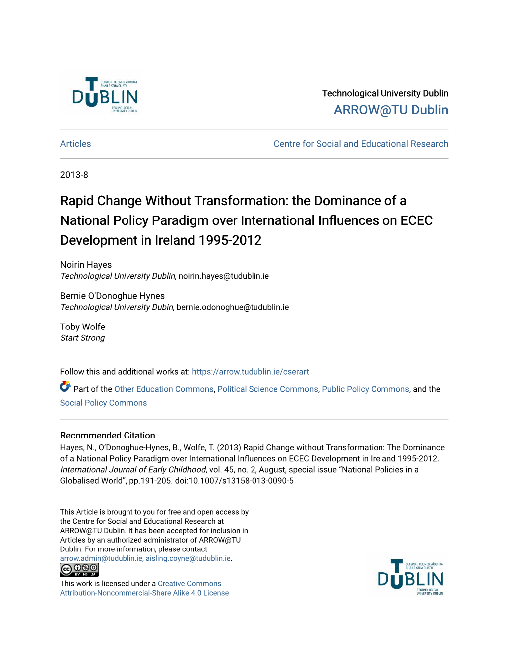 The Dominance of a National Policy Paradigm Over International Influences on ECEC Development in Ireland 1995-2012