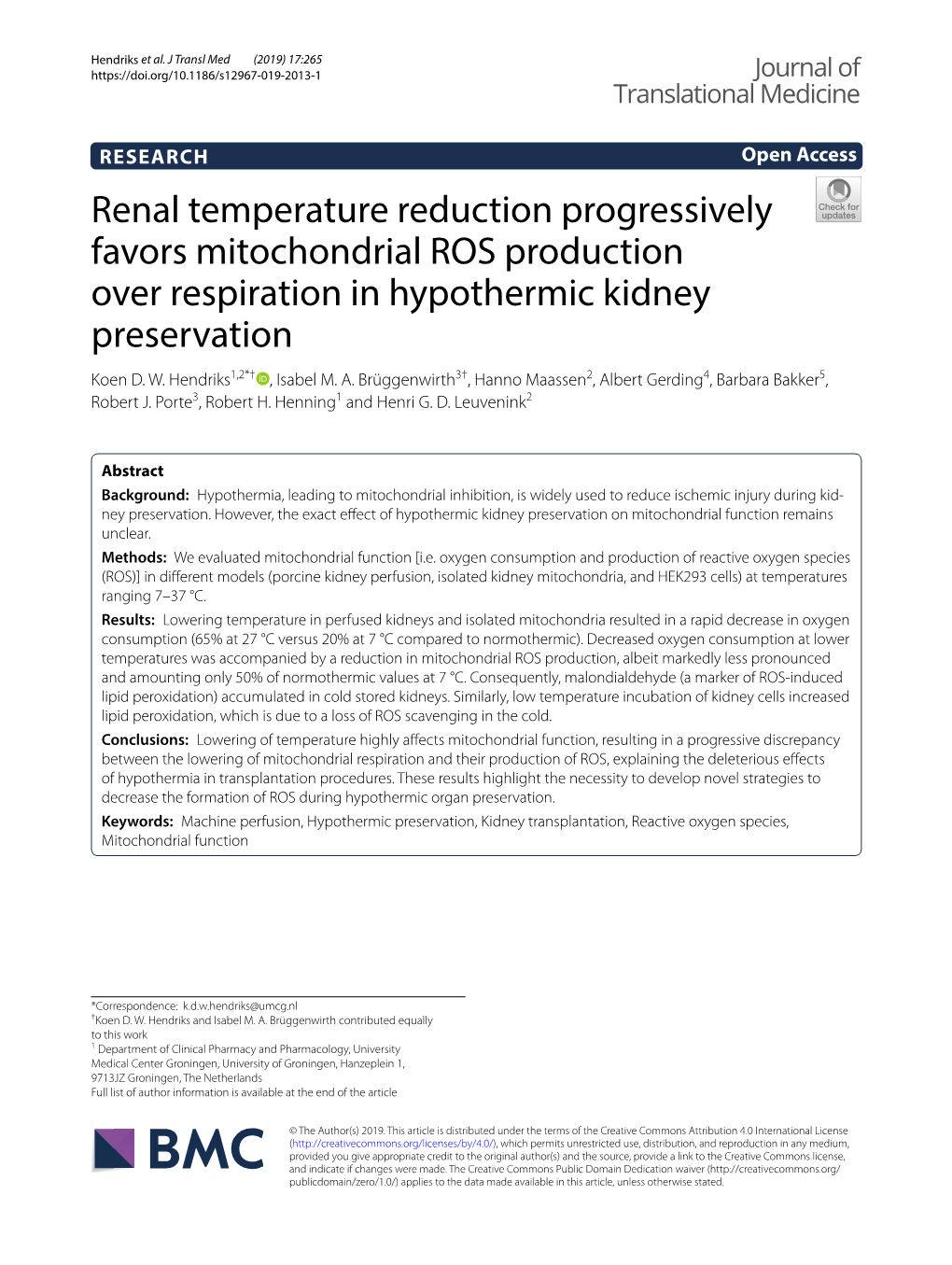 Renal Temperature Reduction Progressively Favors Mitochondrial ROS Production Over Respiration in Hypothermic Kidney Preservation Koen D