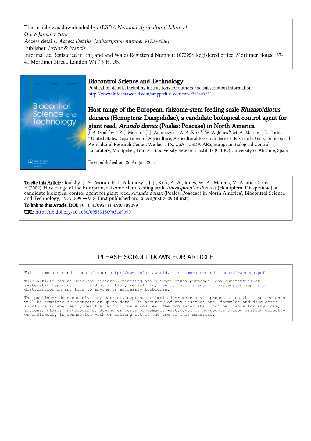 Biocontrol Science and Technology Host Range of the European, Rhizome-Stem Feeding Scale Rhizaspidiotus Donacis (Hemiptera: Dias