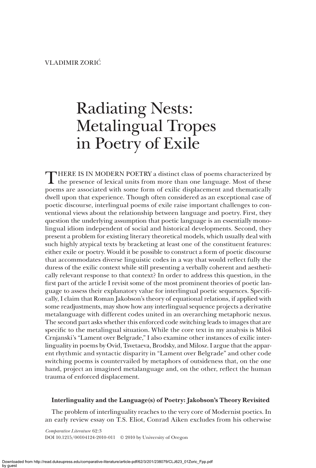 Metalingual Tropes in Poetry of Exile