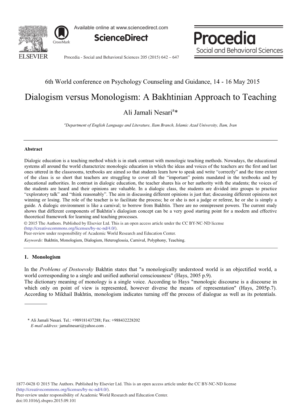 Dialogism Versus Monologism: a Bakhtinian Approach to Teaching