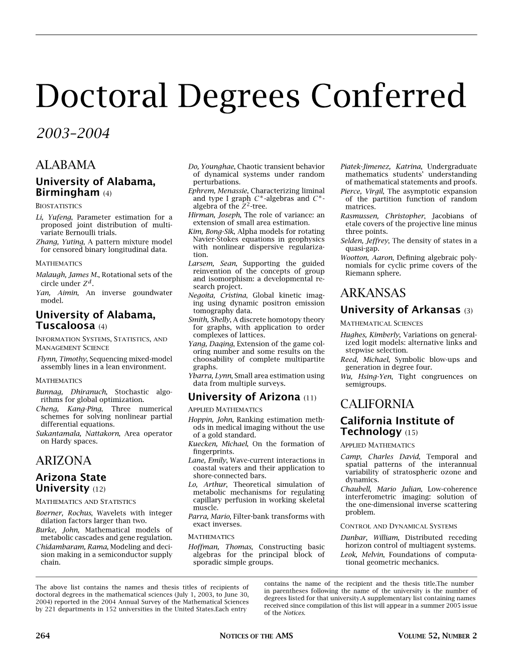 Doctoral Degrees Conferred 2003–2004, Volume 52, Number 2