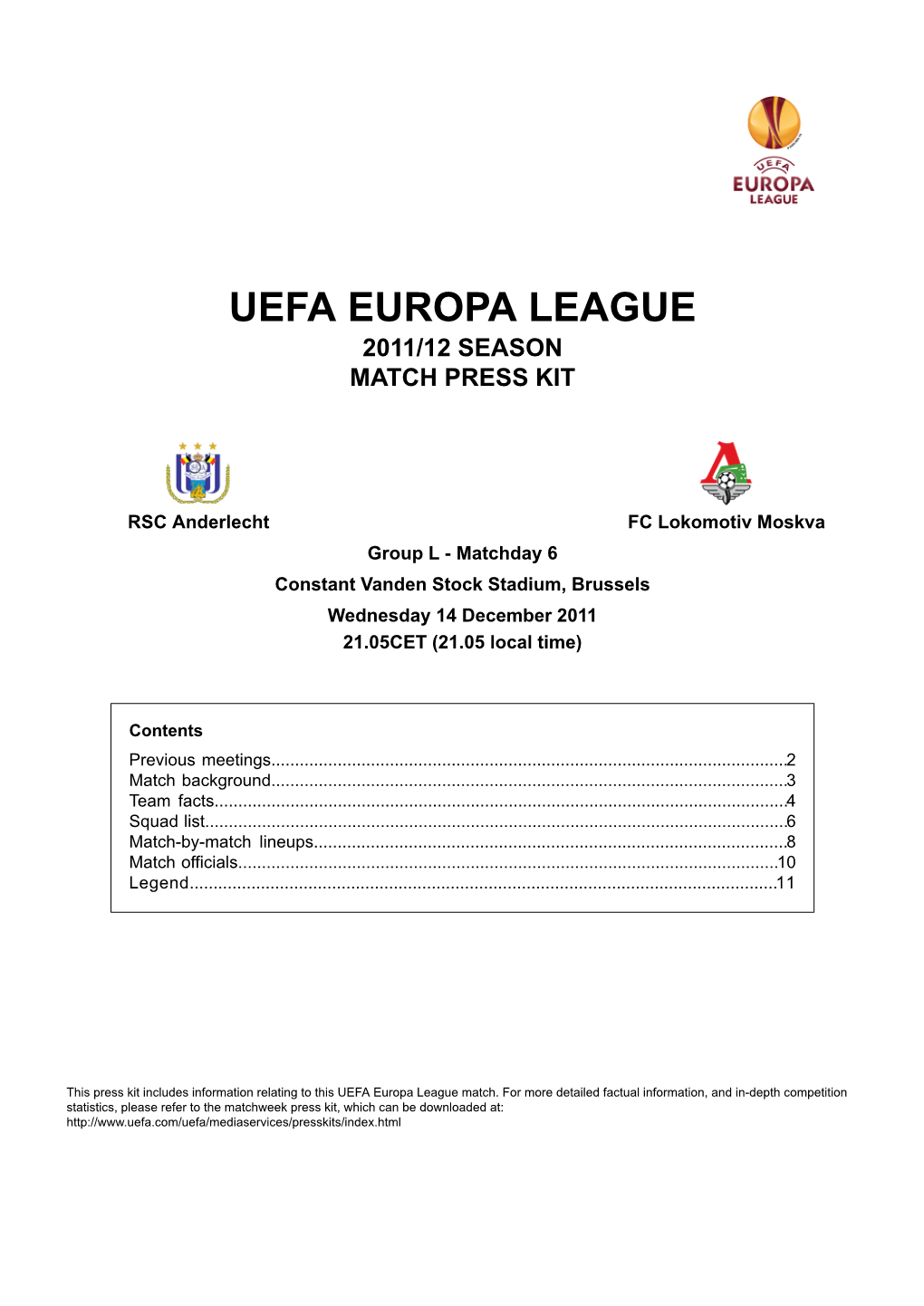 Uefa Europa League 2011/12 Season Match Press Kit