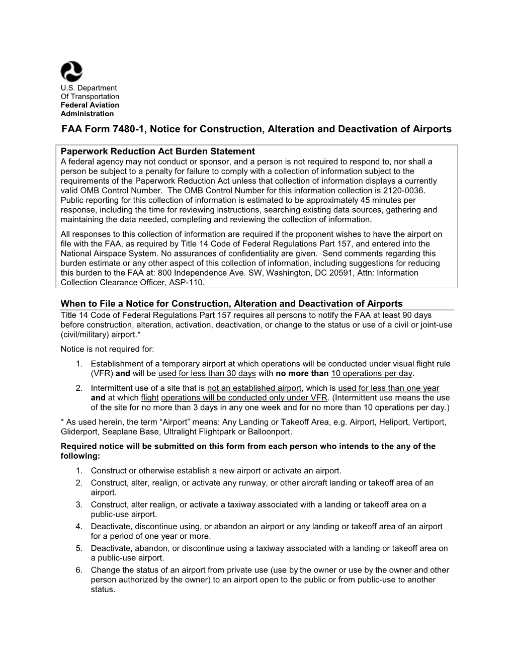 FAA Form 7480-1, Notice for Construction, Alteration and Deactivation of Airports