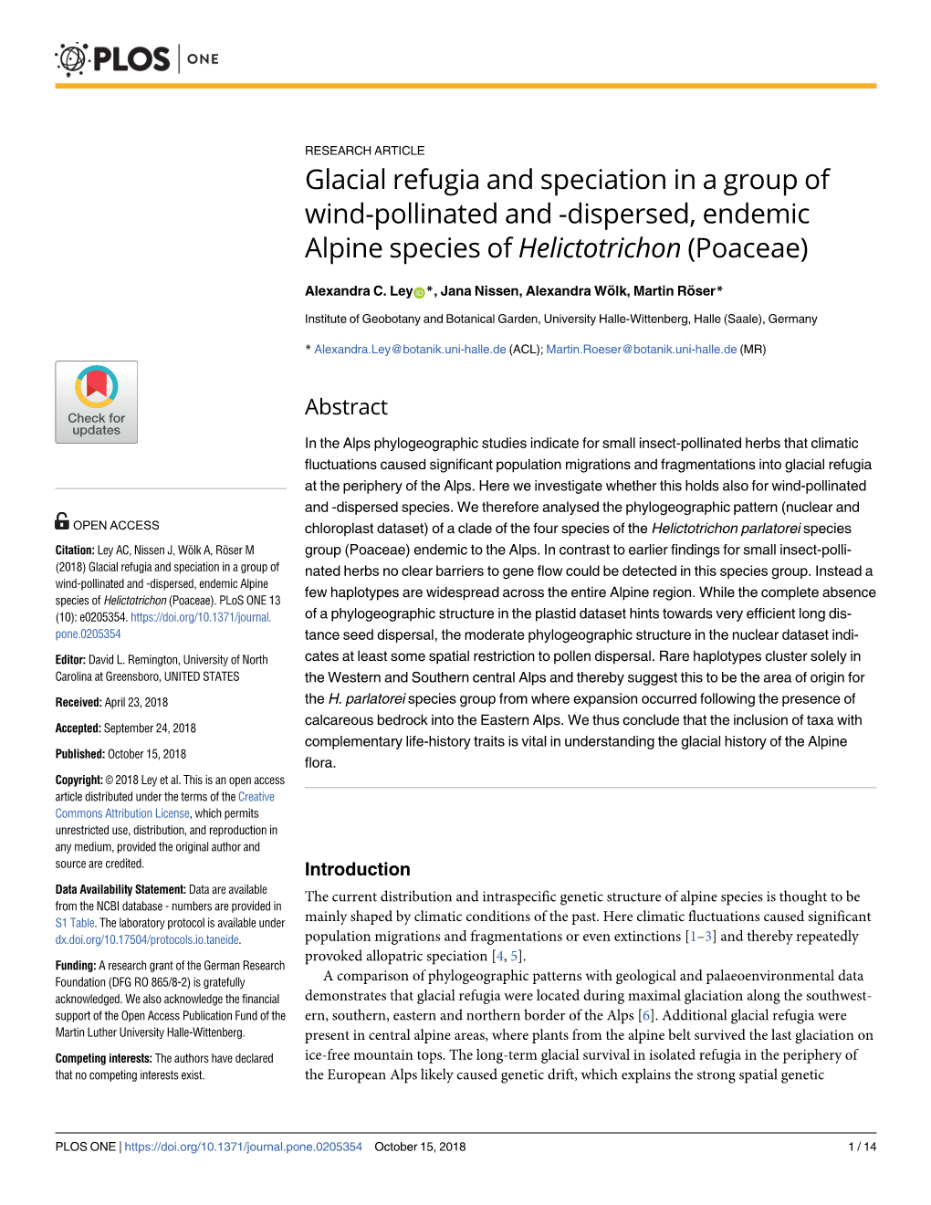 Glacial Refugia and Speciation in a Group of Wind-Pollinated and -Dispersed, Endemic Alpine Species of Helictotrichon (Poaceae)
