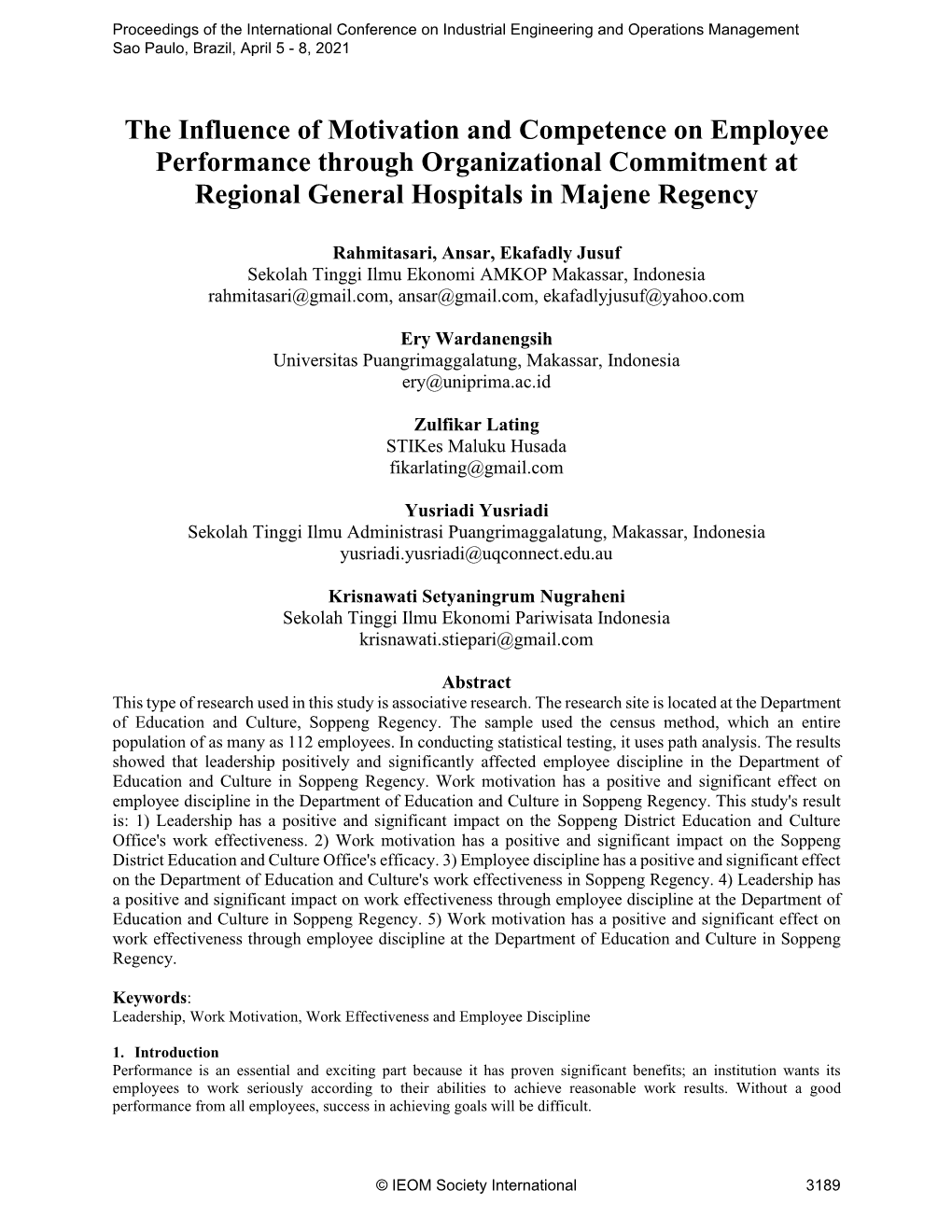 The Influence of Motivation and Competence on Employee Performance Through Organizational Commitment at Regional General Hospitals in Majene Regency
