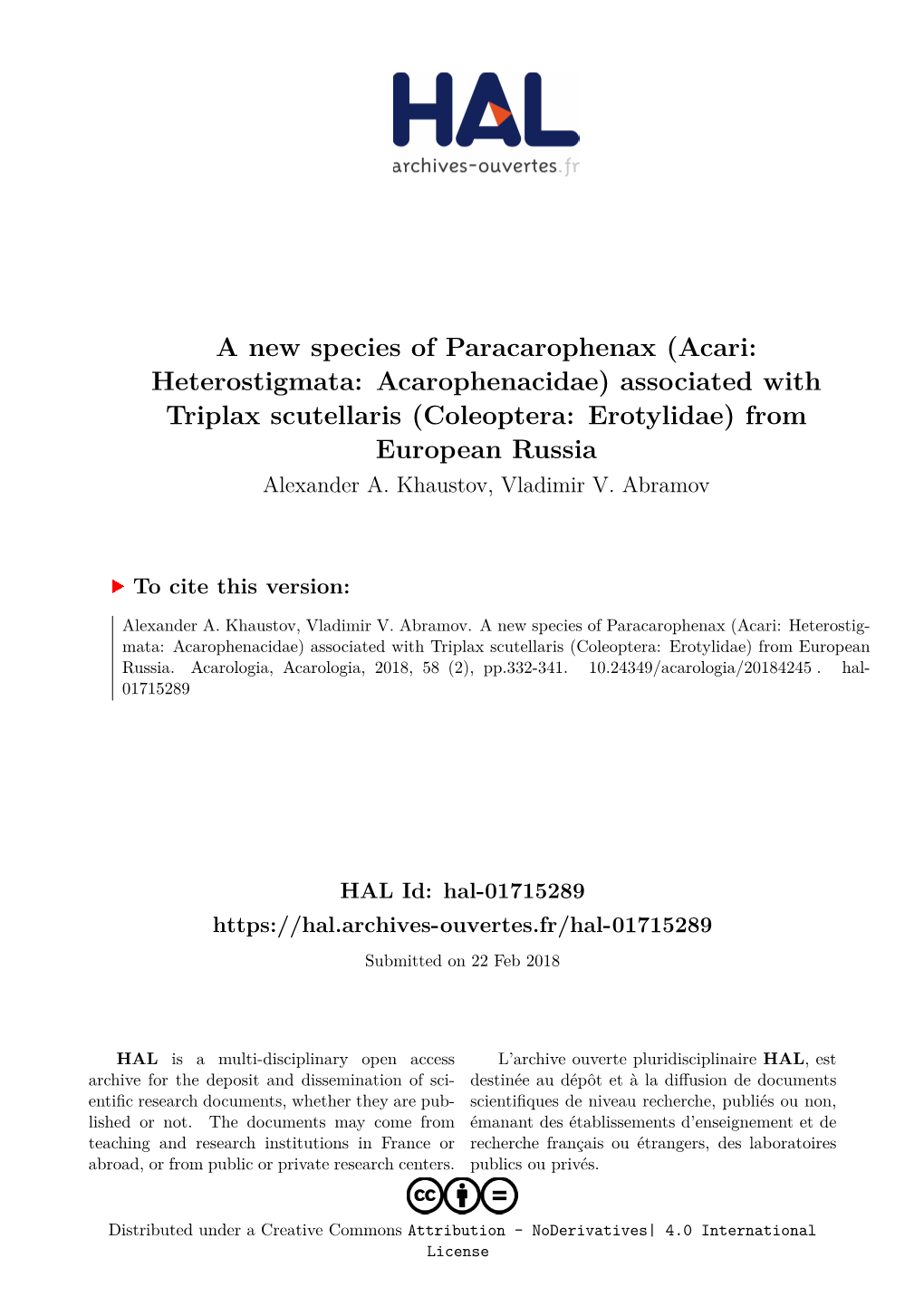 Acari: Heterostigmata: Acarophenacidae) Associated with Triplax Scutellaris (Coleoptera: Erotylidae) from European Russia Alexander A