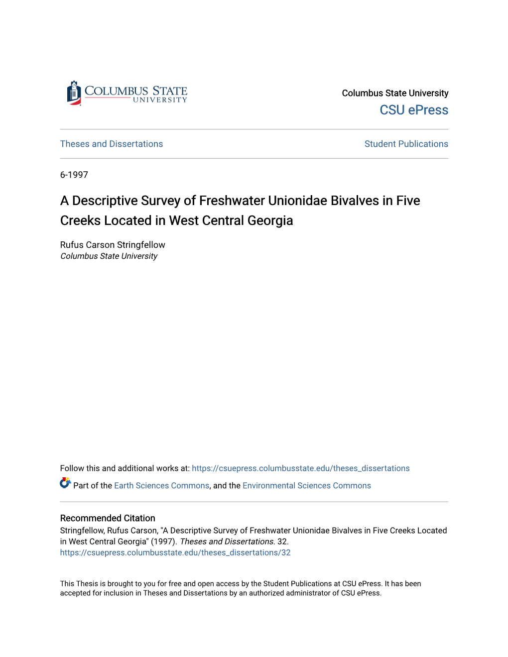 A Descriptive Survey of Freshwater Unionidae Bivalves in Five Creeks Located in West Central Georgia