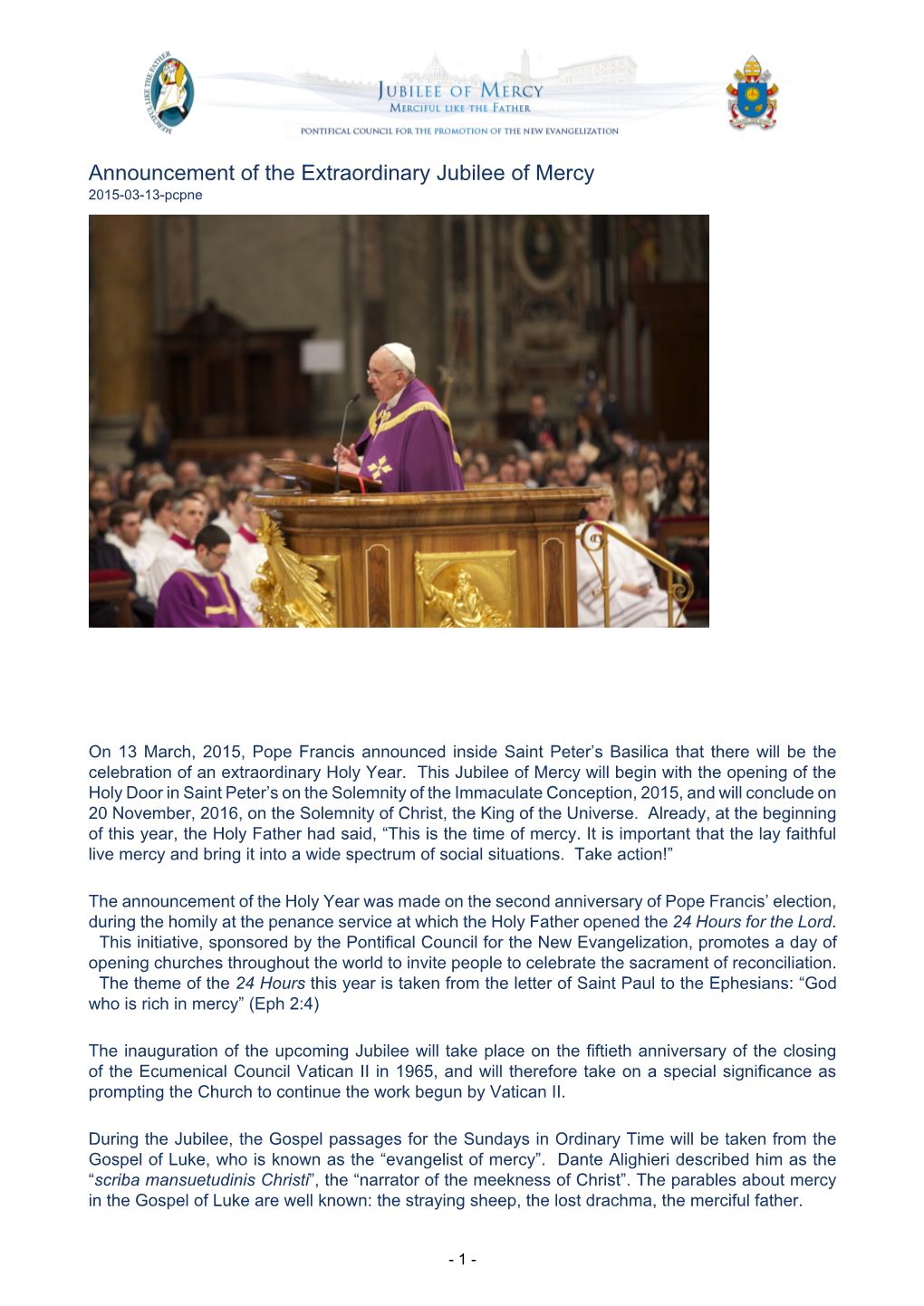 Announcement of the Extraordinary Jubilee of Mercy 2015-03-13-Pcpne