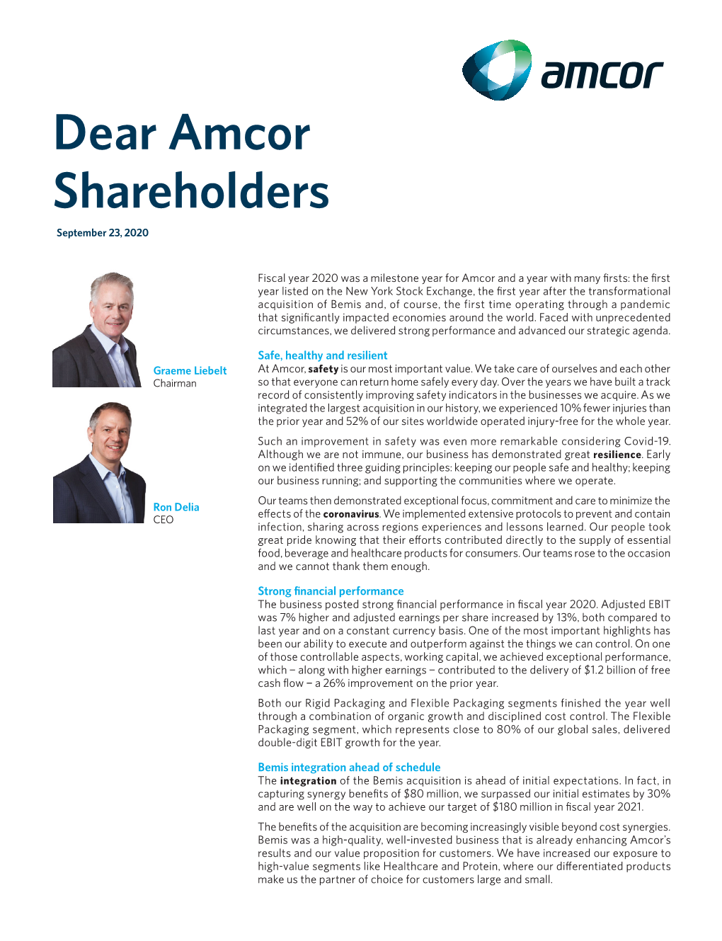 Dear Amcor Shareholders September 23, 2020