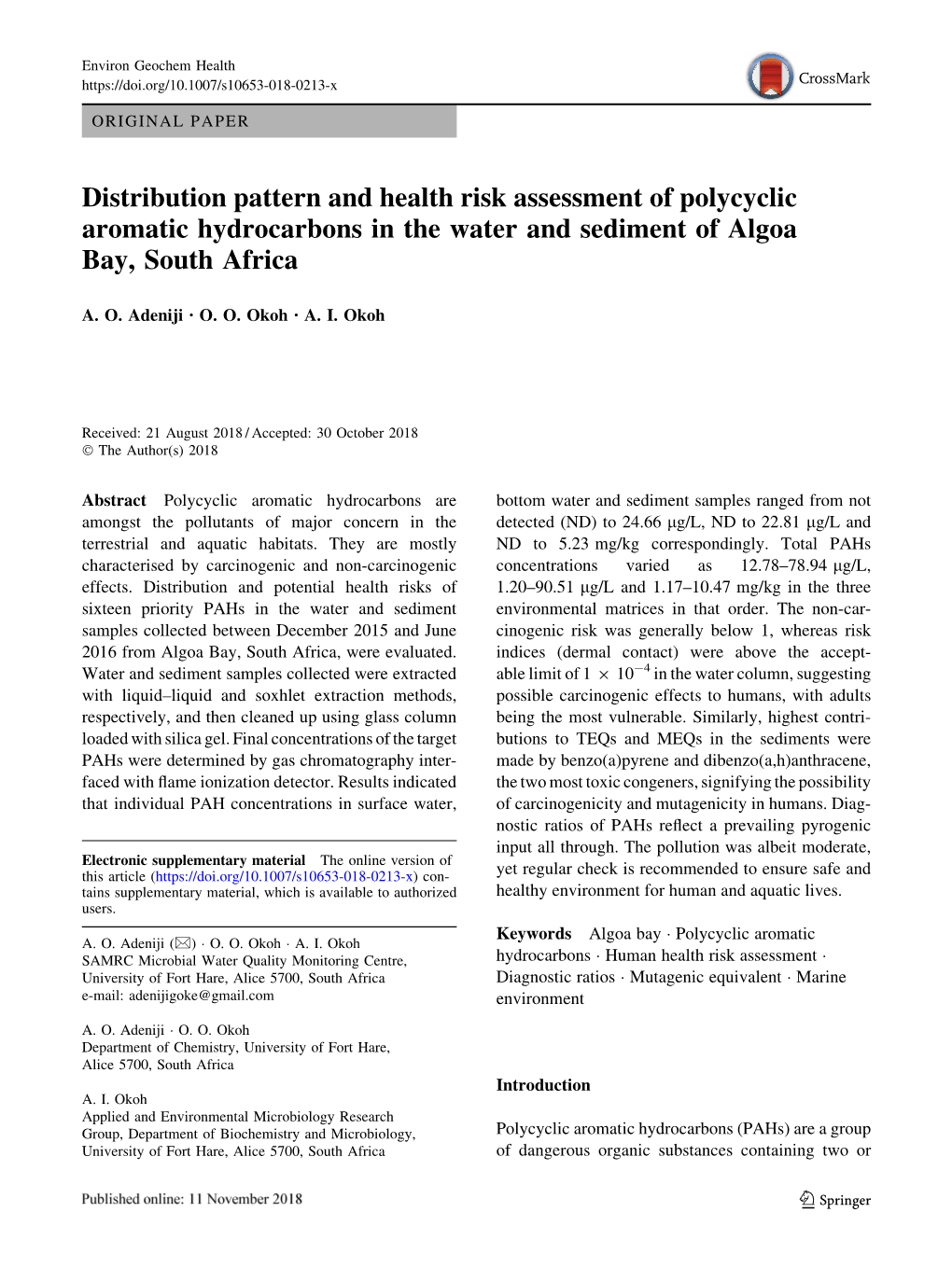 Distribution Pattern and Health Risk Assessment of Polycyclic Aromatic Hydrocarbons in the Water and Sediment of Algoa Bay, South Africa