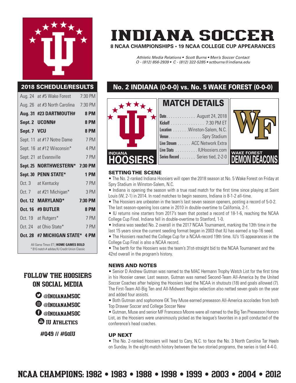 Indiana Soccer 8 Ncaa Championships • 19 Ncaa College Cup Appearances