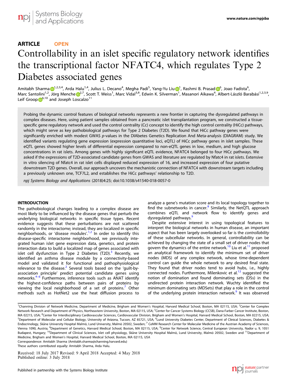 Controllability in an Islet Specific Regulatory Network Identifies the Transcriptional Factor NFATC4, Which Regulates Type 2