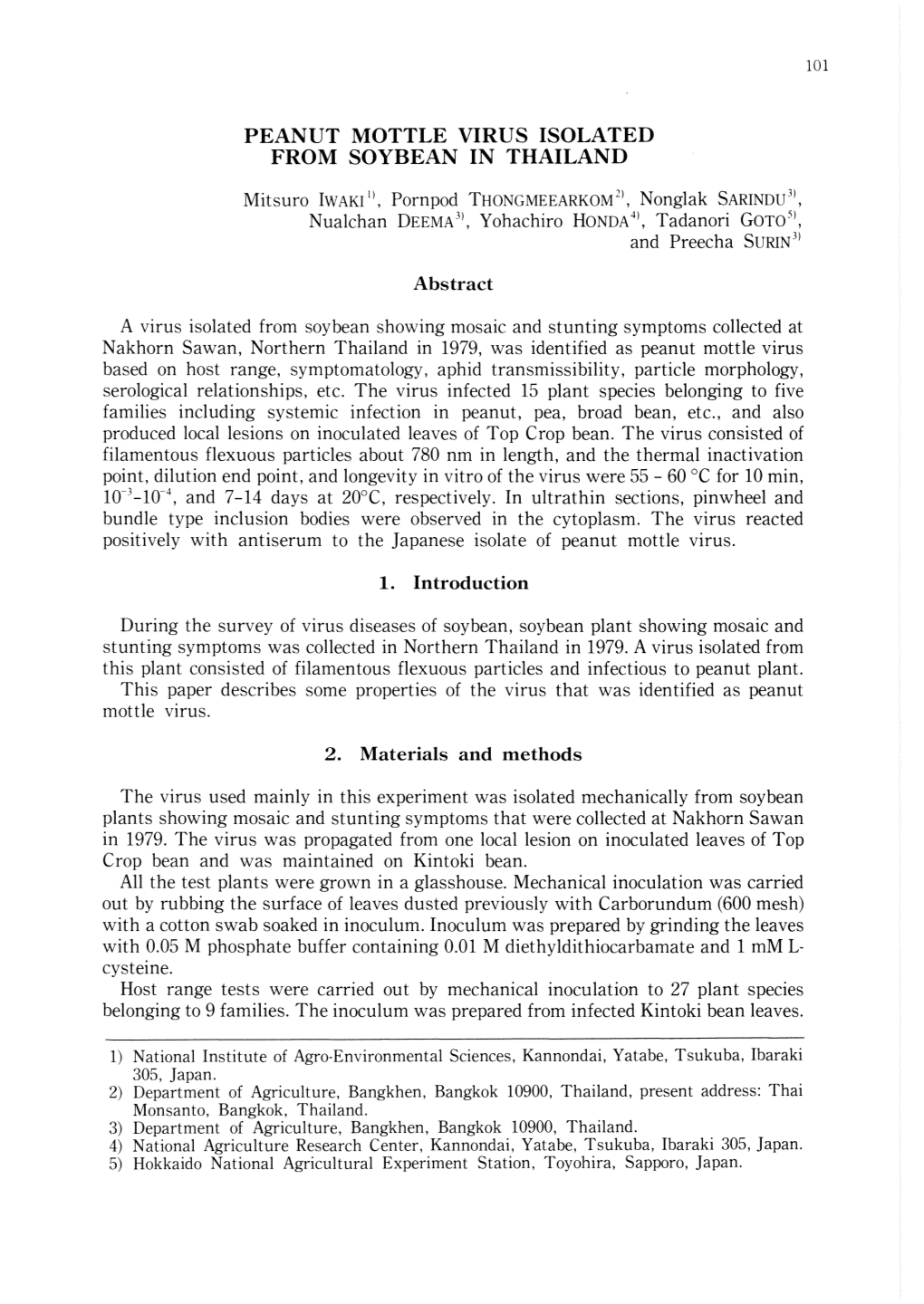 Peanut Mottle Virus Isolated from Soybean in Thailand