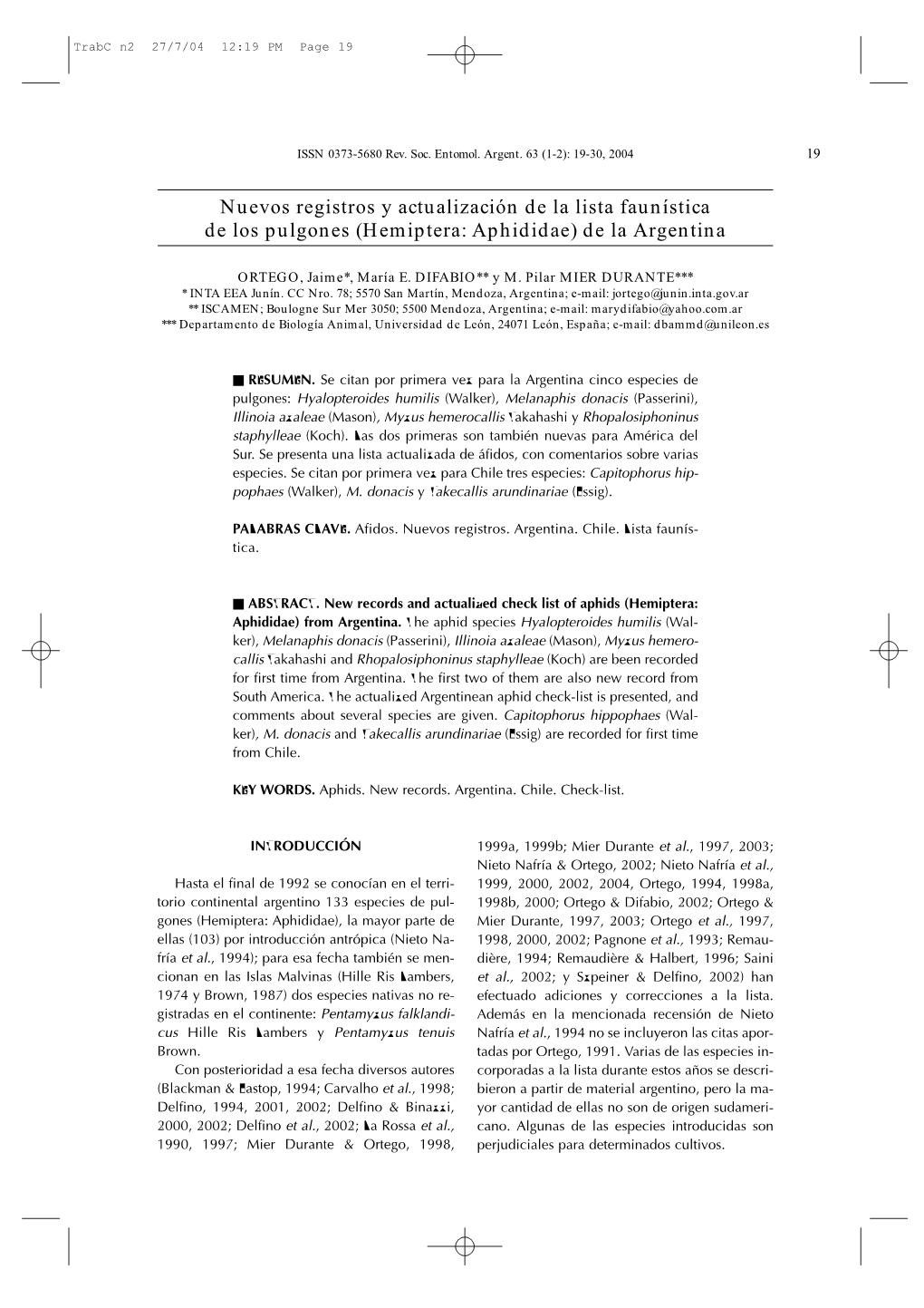 Nuevos Registros Y Actualización De La Lista Faunística De Los Pulgones (Hemiptera: Aphididae) De La Argentina