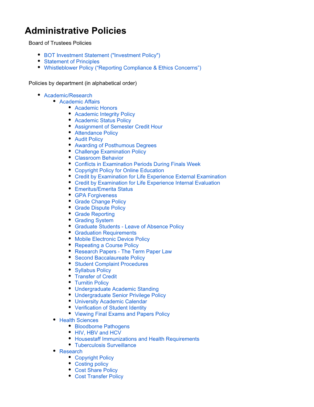 Administrative Policies Board of Trustees Policies