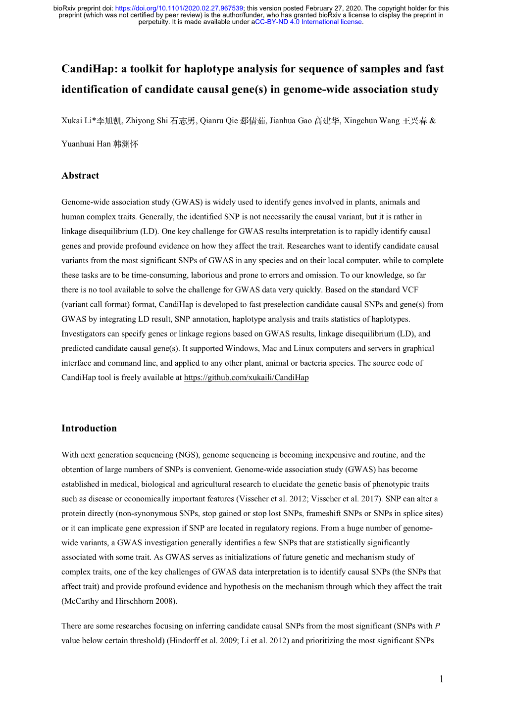 Candihap: a Toolkit for Haplotype Analysis for Sequence of Samples and Fast Identification of Candidate Causal Gene(S) in Genome-Wide Association Study