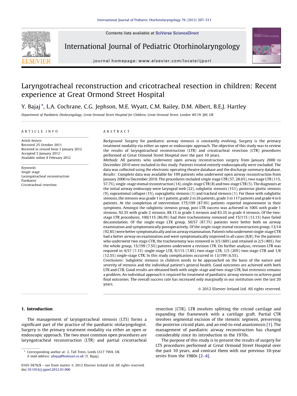 Laryngotracheal Reconstruction and Cricotracheal Resection in Children: Recent