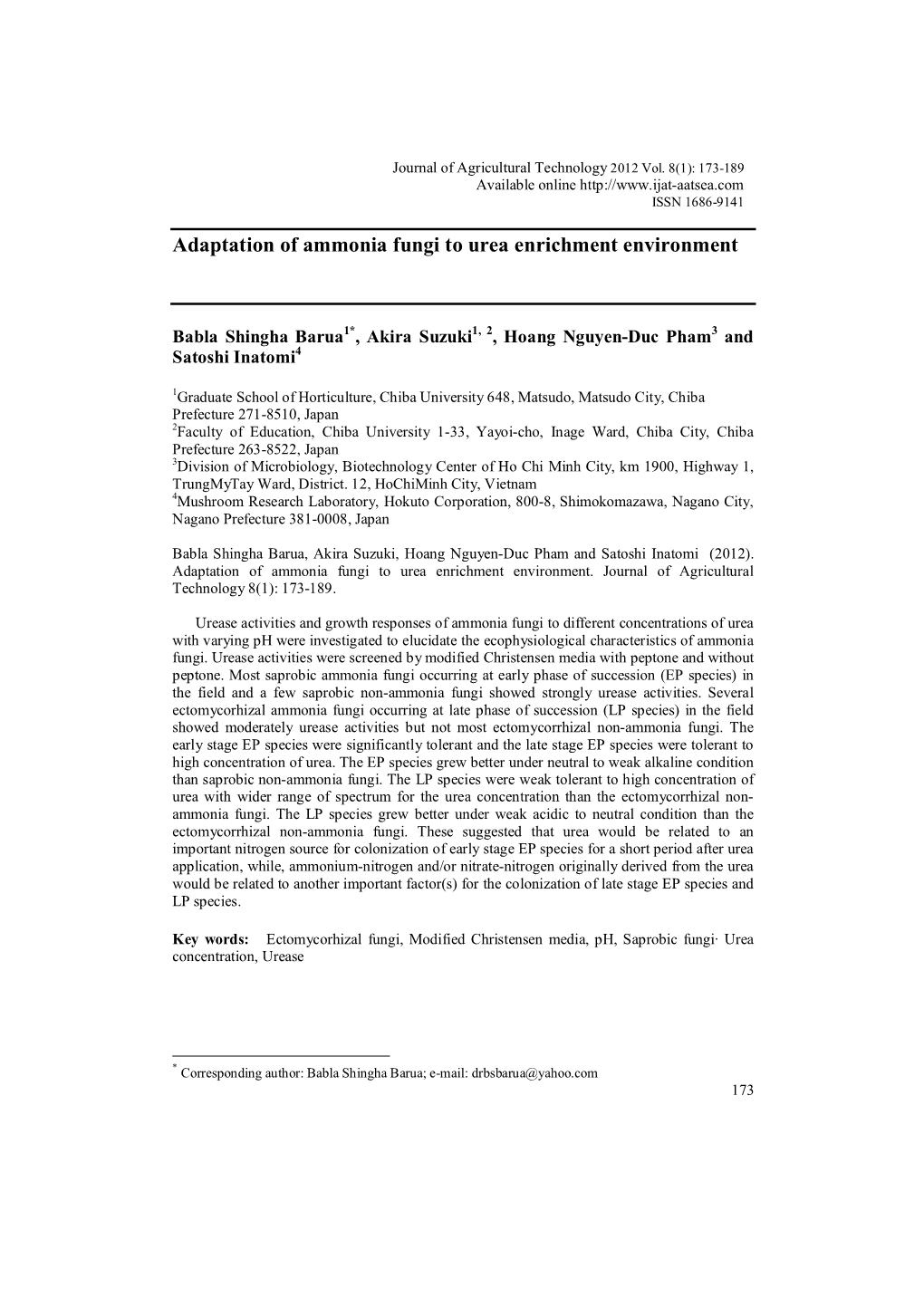 Adaptation of Ammonia Fungi to Urea Enrichment Environment