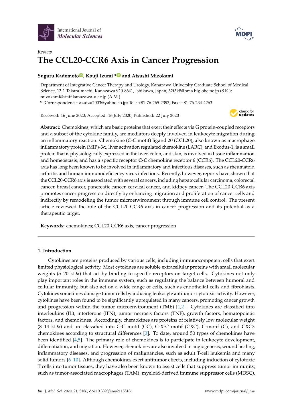 The CCL20-CCR6 Axis in Cancer Progression