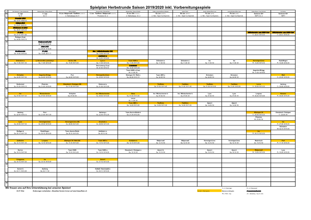 Spielplan Herbstrunde Saison 2019/2020 Inkl. Vorbereitungsspiele