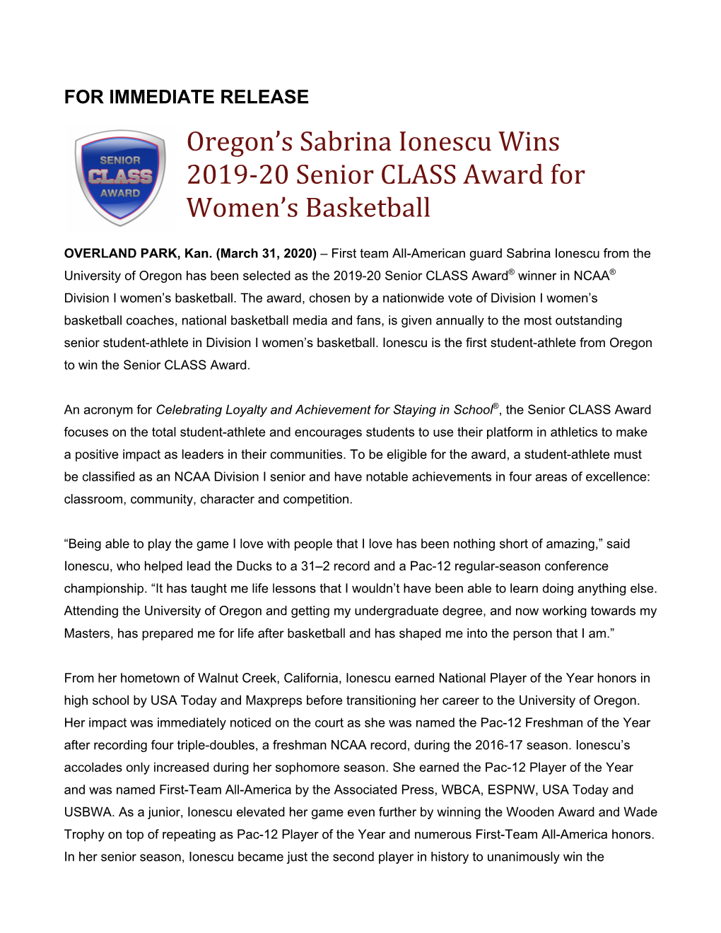 Oregon's Sabrina Ionescu Wins 2019-20 Senior CLASS Award For