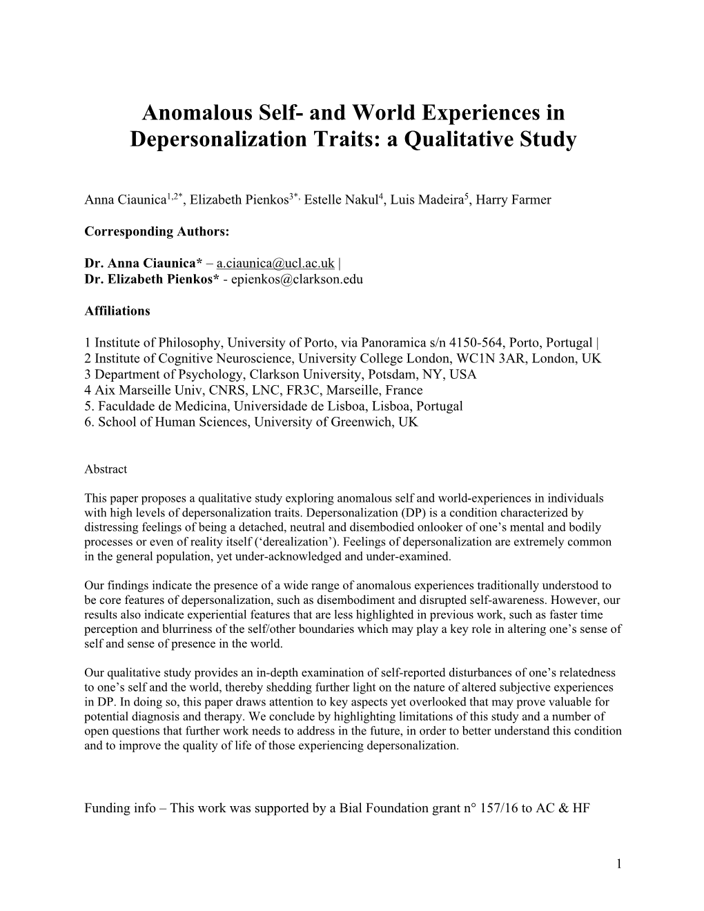 Anomalous Self- and World Experiences in Depersonalization Traits: a Qualitative Study