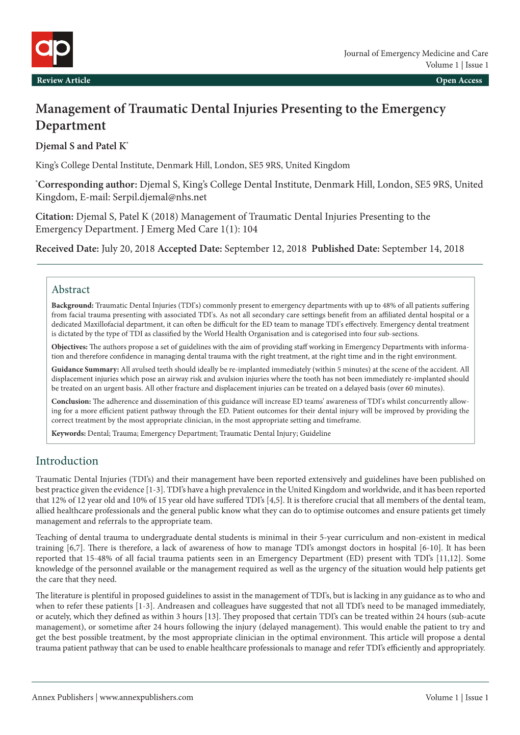 Management of Traumatic Dental Injuries Presenting to The