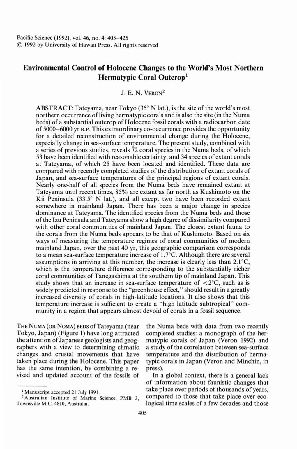 Environmental Control of Holocene Changes to the World's Most Northern Hermatypic Coral Outcrop!