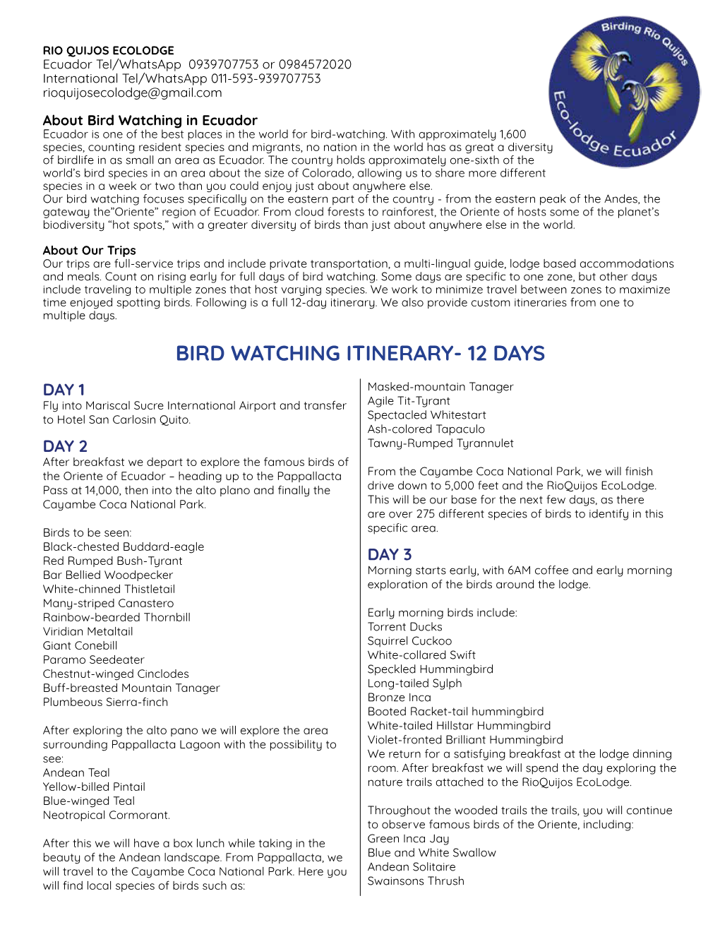 Bird Watching Itinerary- 12 Days