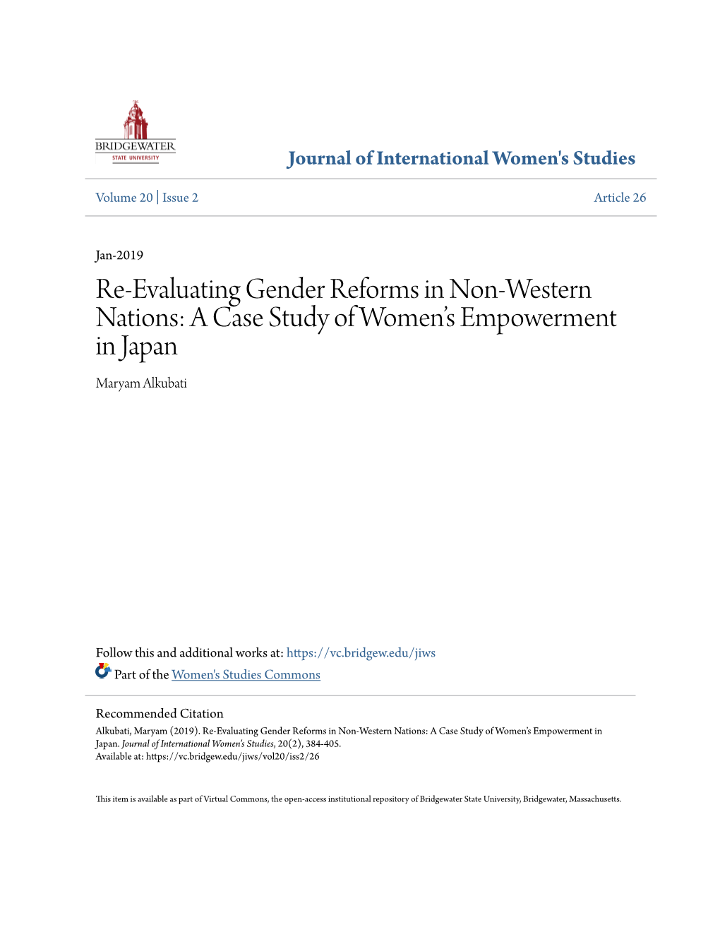 Re-Evaluating Gender Reforms in Non-Western Nations: a Case Study of Women’S Empowerment in Japan Maryam Alkubati