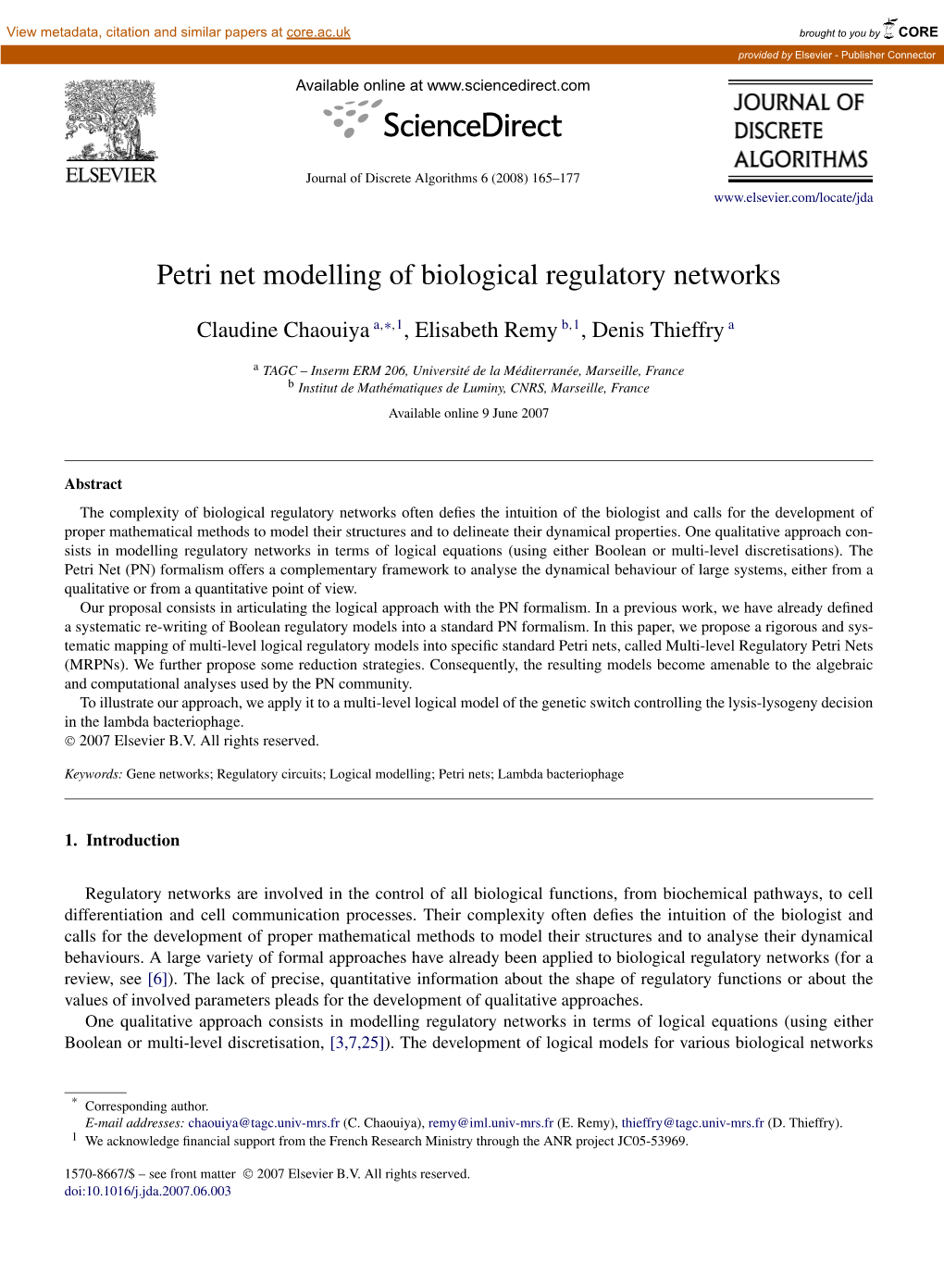 Petri Net Modelling of Biological Regulatory Networks