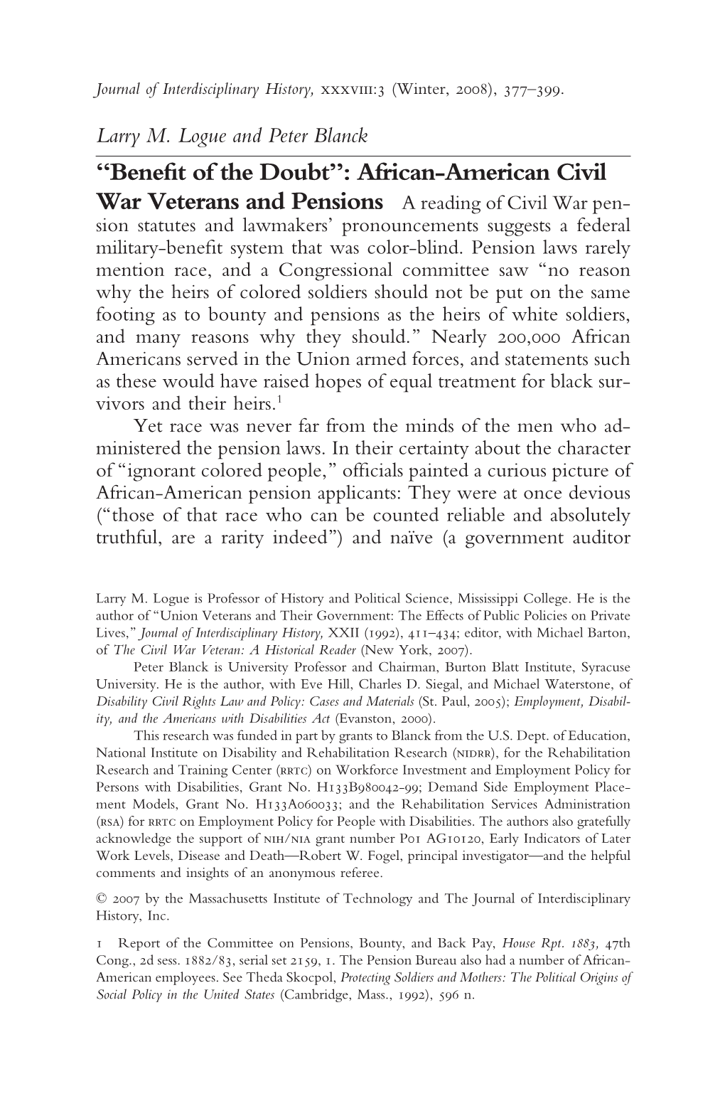 Benefit of the Doubt': African-American Civil War Veterans and Pensions