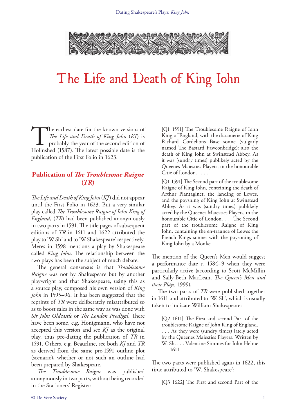 The Life and Death of King Iohn