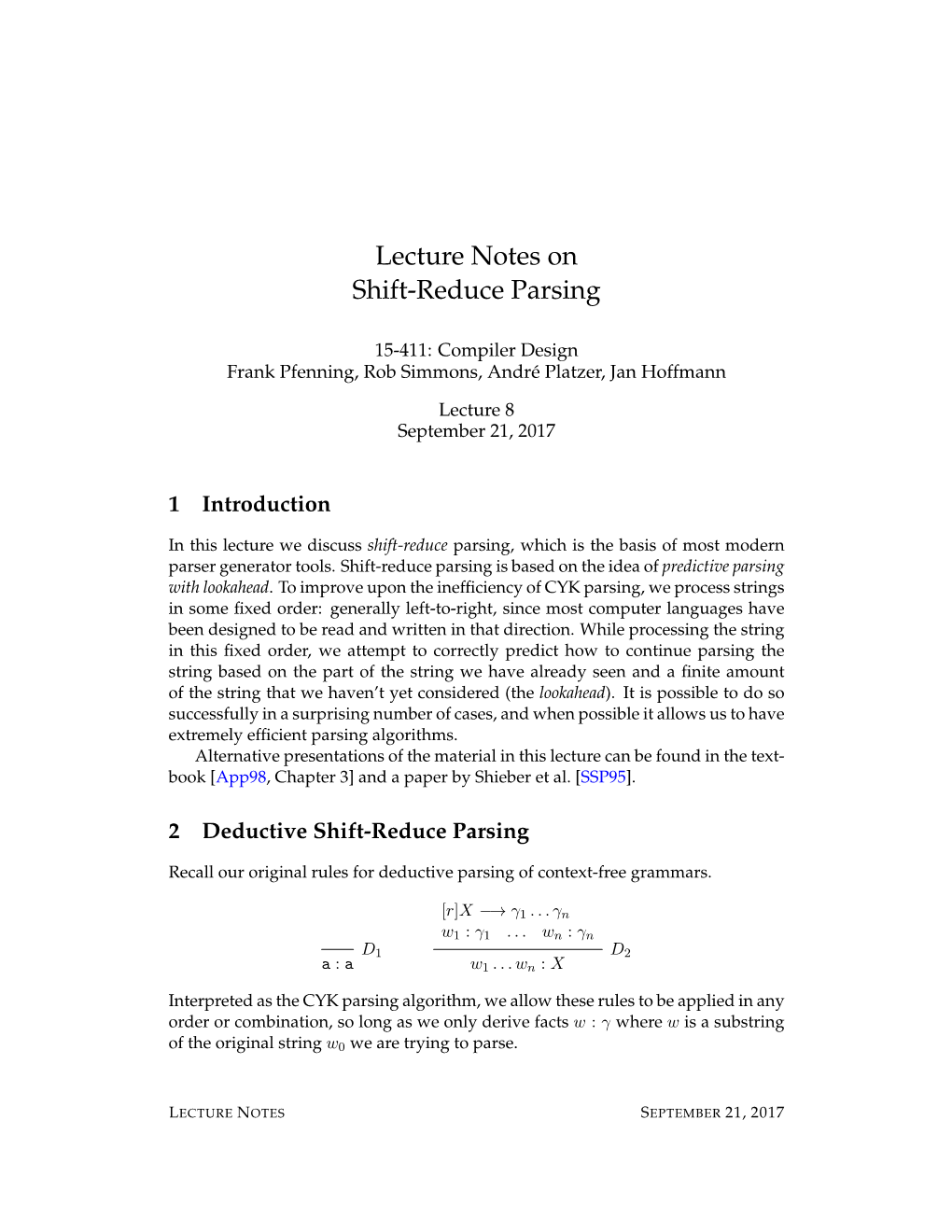 Lecture Notes on Shift-Reduce Parsing