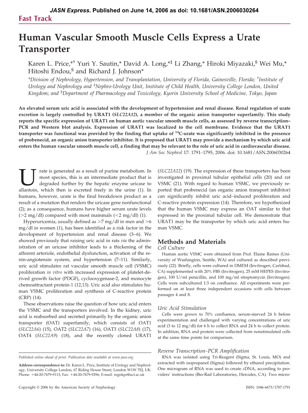 Human Vascular Smooth Muscle Cells Express a Urate Transporter