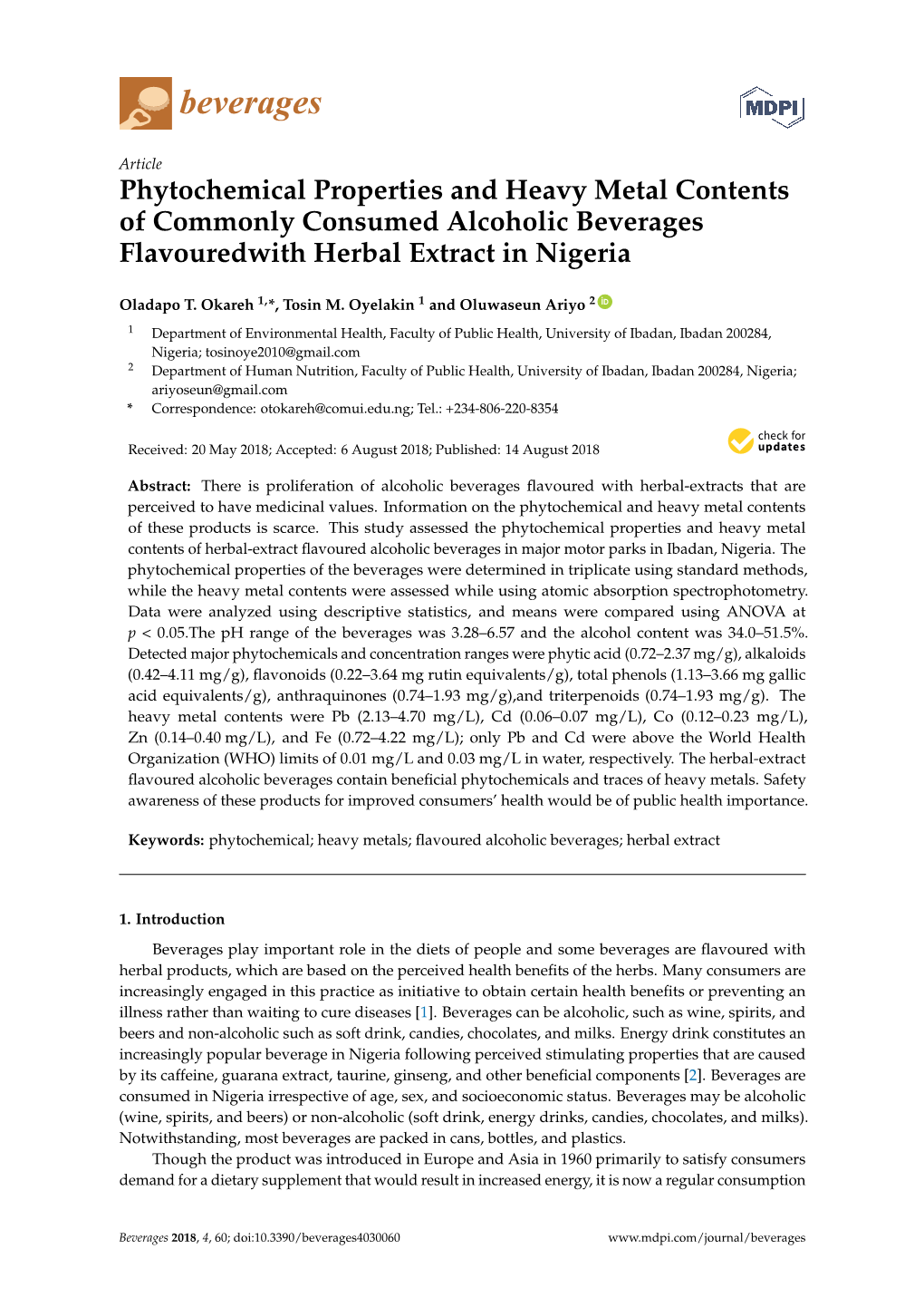 Phytochemical Properties and Heavy Metal Contents of Commonly Consumed Alcoholic Beverages Flavouredwith Herbal Extract in Nigeria